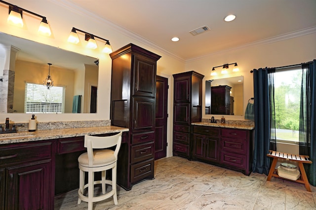 2780 Shoemaker Rd, Sheridan, AR 72150 - bathroom with visible vents, recessed lighting, marble finish floor, vanity, and ornamental molding