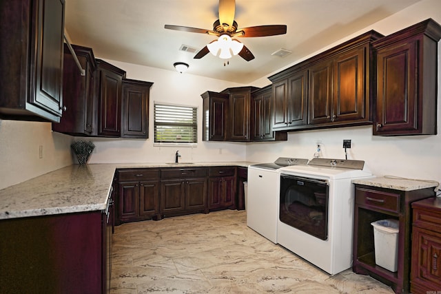 2780 Shoemaker Rd, Sheridan, AR 72150 - laundry area featuring washing machine and clothes dryer, a sink, visible vents, a ceiling fan, and cabinet space