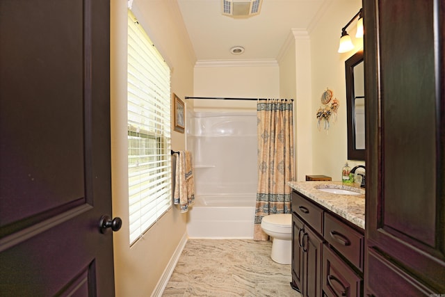 2780 Shoemaker Rd, Sheridan, AR 72150 - full bathroom with toilet, visible vents, shower / bathtub combination with curtain, crown molding, and vanity