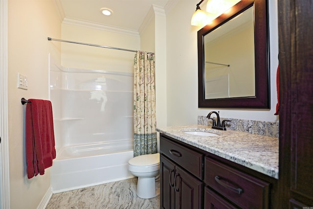 2780 Shoemaker Rd, Sheridan, AR 72150 - bathroom featuring shower / bath combo with shower curtain, crown molding, vanity, and toilet