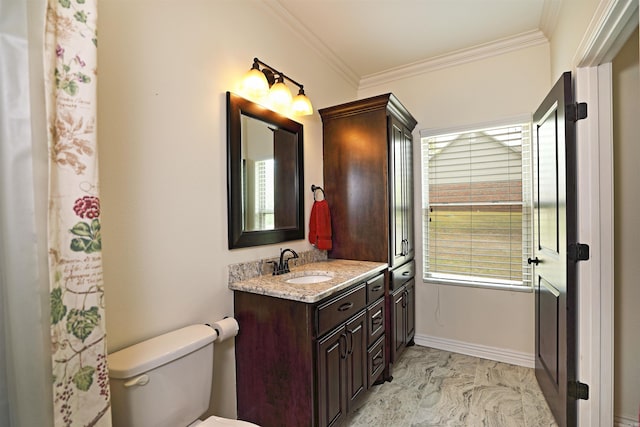 2780 Shoemaker Rd, Sheridan, AR 72150 - full bathroom with marble finish floor, vanity, ornamental molding, and toilet