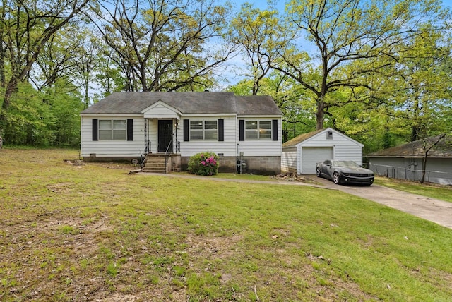 7803 Ascension Rd, Little Rock, AR 72204 - view of front of property featuring concrete driveway, an outdoor structure, a front lawn, and a garage