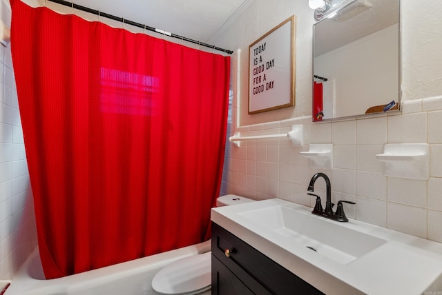7803 Ascension Rd, Little Rock, AR 72204 - bathroom featuring shower / bath combo, vanity, tile walls, toilet, and ornamental molding