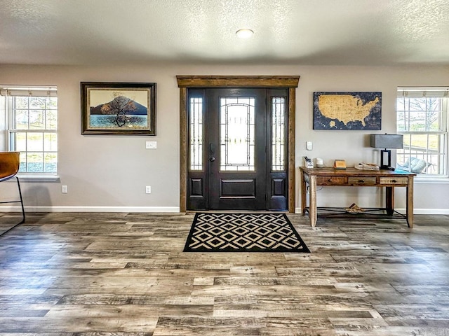 foyer featuring baseboards, wood finished floors, a textured ceiling, and plenty of natural light