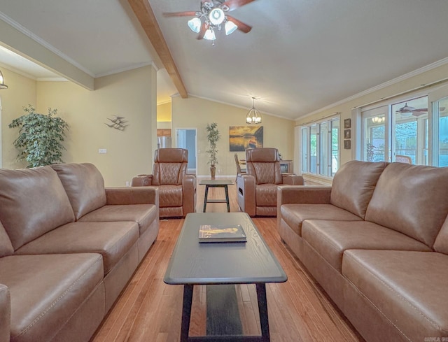 living area with vaulted ceiling with beams, baseboards, light wood-style floors, ceiling fan, and ornamental molding