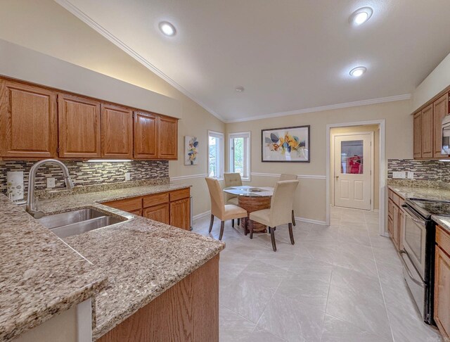 kitchen featuring lofted ceiling, stainless steel appliances, a sink, baseboards, and decorative backsplash