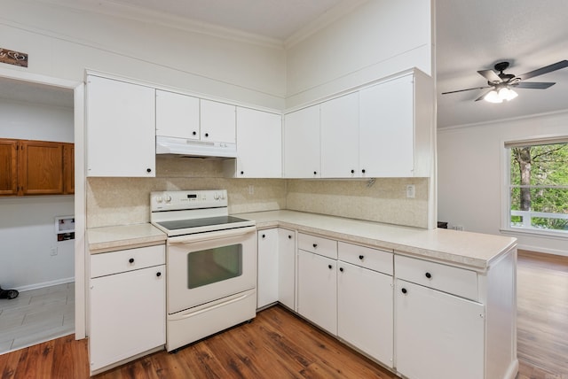 kitchen with light countertops, white range with electric cooktop, crown molding, and under cabinet range hood