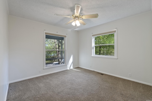 spare room with crown molding, visible vents, a textured ceiling, and a healthy amount of sunlight
