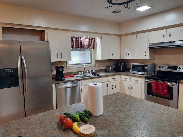 kitchen with stainless steel appliances, a sink, visible vents, white cabinetry, and under cabinet range hood