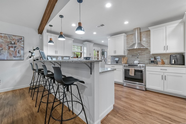 kitchen with wall chimney exhaust hood, a kitchen breakfast bar, light wood-style flooring, stainless steel range with electric cooktop, and visible vents
