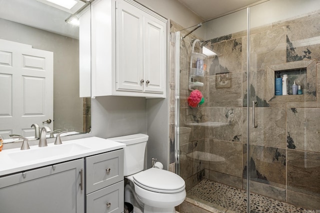 full bathroom featuring vanity, a shower stall, and toilet