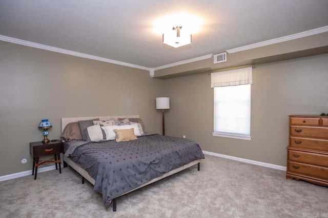 bedroom featuring carpet, visible vents, baseboards, and ornamental molding