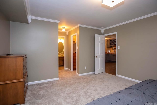 unfurnished bedroom featuring light colored carpet, baseboards, ornamental molding, and ensuite bath