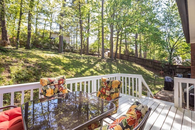 deck with a yard, outdoor dining space, and a fenced backyard