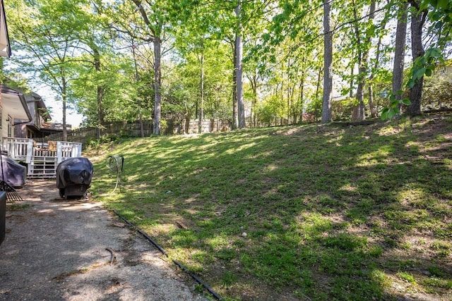 view of yard with a fenced backyard and a wooden deck