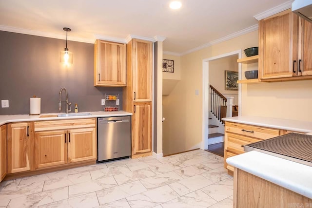 kitchen with stainless steel dishwasher, light brown cabinetry, a sink, marble finish floor, and ornamental molding