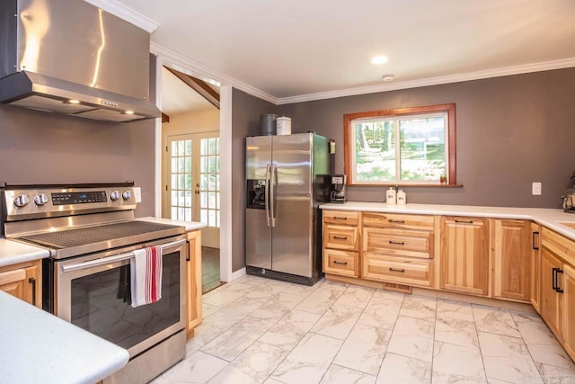kitchen with marble finish floor, ornamental molding, range hood, and stainless steel appliances