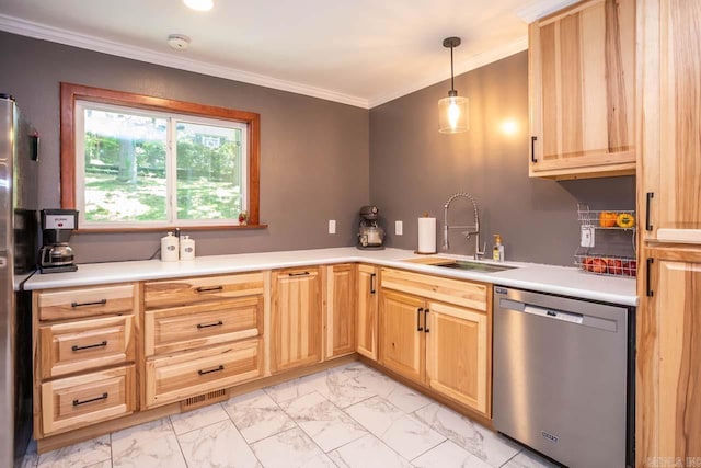 kitchen featuring dishwasher, marble finish floor, light brown cabinetry, and a sink
