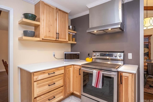 kitchen with open shelves, wall chimney range hood, appliances with stainless steel finishes, and ornamental molding
