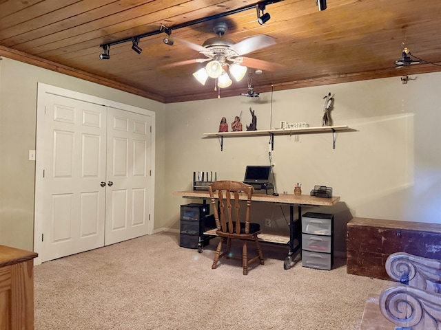carpeted home office featuring wooden ceiling, rail lighting, and a ceiling fan