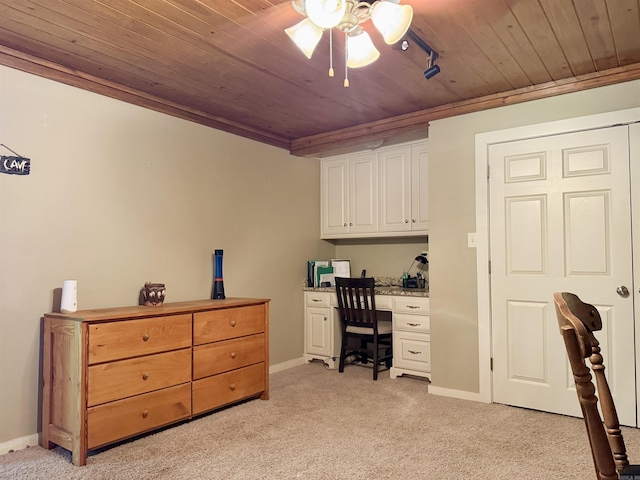 office area with wood ceiling, light carpet, and baseboards