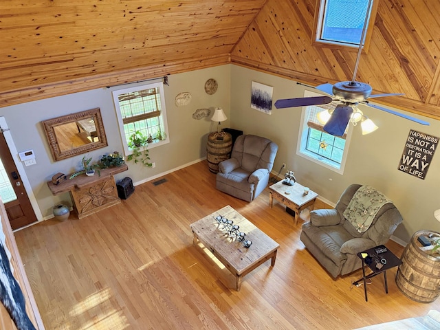 living room with visible vents, lofted ceiling, wood finished floors, ceiling fan, and wood ceiling