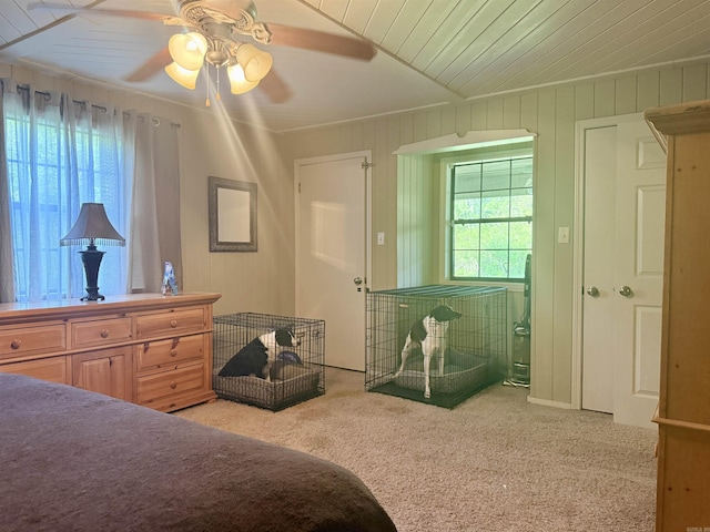 bedroom with light colored carpet and ceiling fan