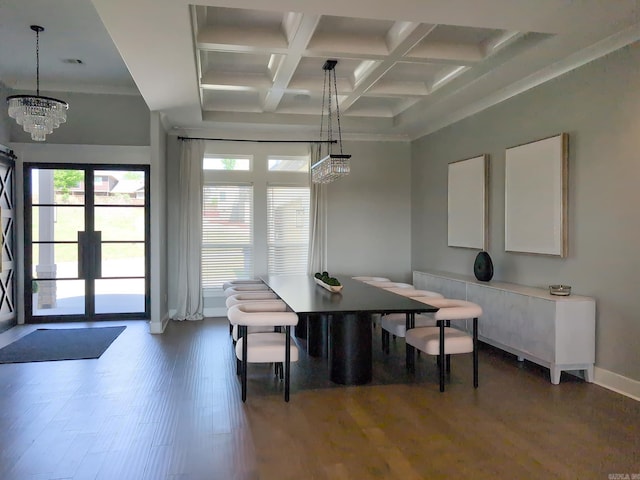 157 Manitou Dr, Maumelle, AR 72113 - dining space with wood finished floors, an inviting chandelier, beamed ceiling, baseboards, and coffered ceiling
