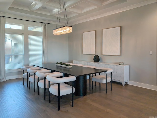 157 Manitou Dr, Maumelle, AR 72113 - dining area with dark wood-type flooring, beam ceiling, baseboards, and coffered ceiling