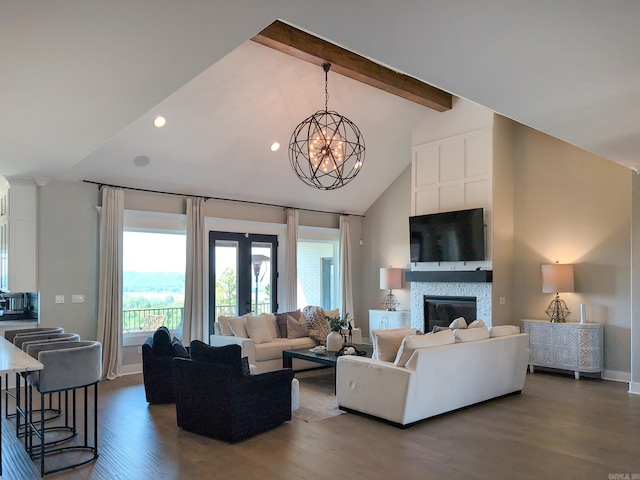 157 Manitou Dr, Maumelle, AR 72113 - living room featuring an inviting chandelier, french doors, wood finished floors, and beamed ceiling