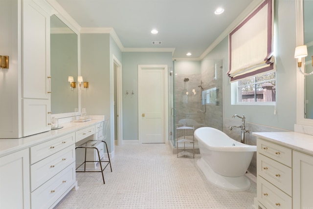 full bathroom featuring crown molding, a stall shower, vanity, a freestanding bath, and recessed lighting