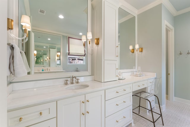 bathroom featuring recessed lighting, visible vents, vanity, crown molding, and baseboards