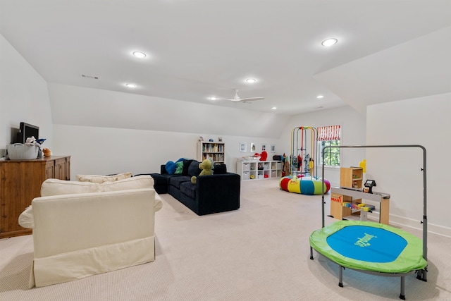 game room featuring recessed lighting, lofted ceiling, visible vents, carpet floors, and ceiling fan