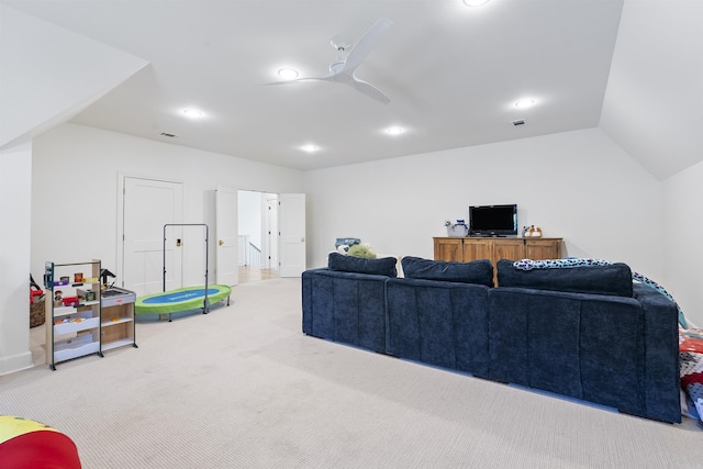 living area featuring carpet flooring, baseboards, recessed lighting, lofted ceiling, and a ceiling fan
