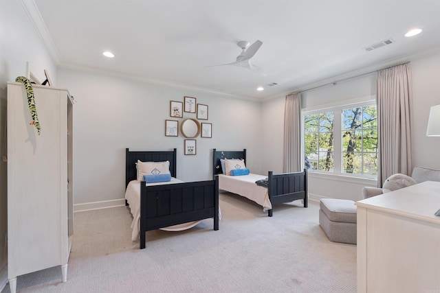 bedroom with recessed lighting, visible vents, baseboards, and light carpet