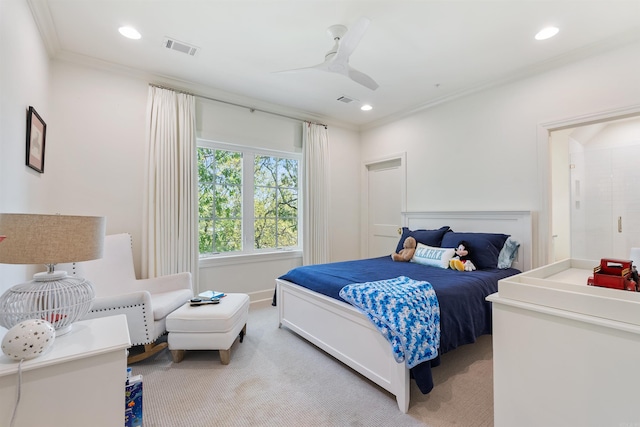 bedroom with light carpet, visible vents, recessed lighting, and crown molding