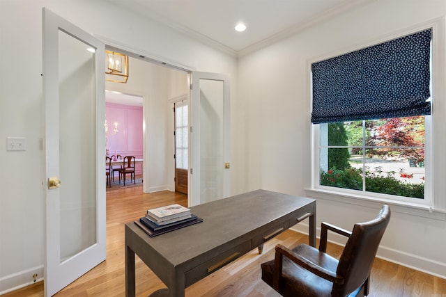 office featuring baseboards, recessed lighting, light wood-style floors, and ornamental molding