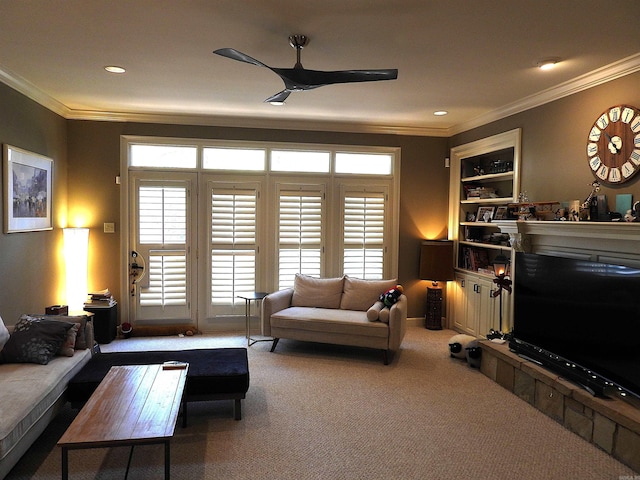 22 Talais Dr, Little Rock, AR 72223 - living area featuring carpet flooring, recessed lighting, built in shelves, ceiling fan, and ornamental molding