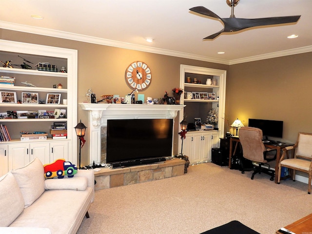 22 Talais Dr, Little Rock, AR 72223 - carpeted living room featuring ceiling fan, ornamental molding, a fireplace with raised hearth, and recessed lighting