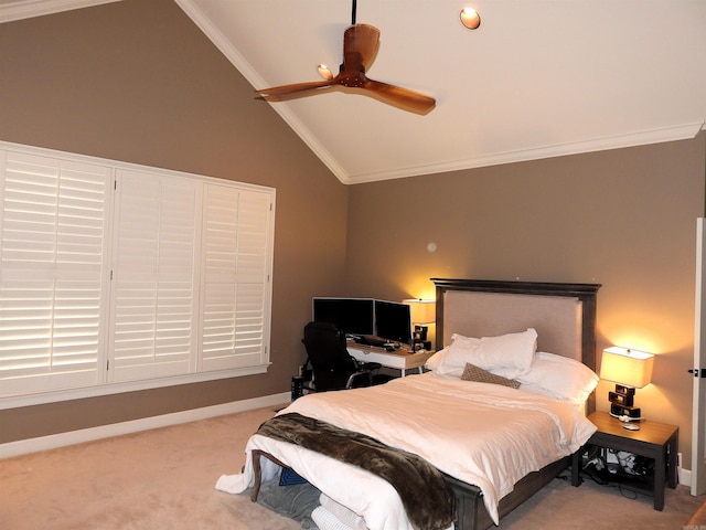22 Talais Dr, Little Rock, AR 72223 - bedroom featuring vaulted ceiling, crown molding, ceiling fan, carpet floors, and baseboards
