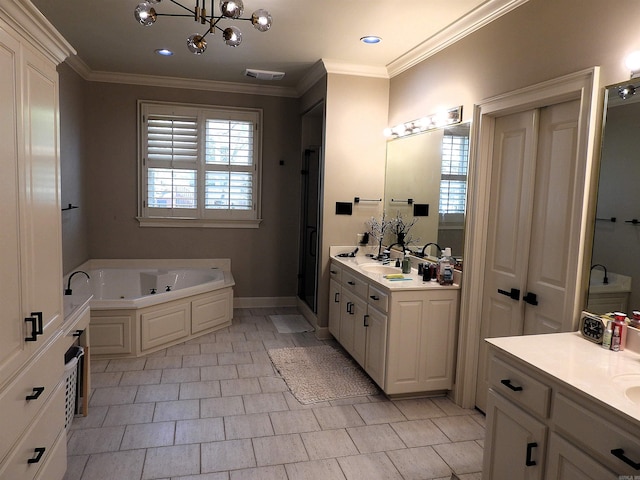 22 Talais Dr, Little Rock, AR 72223 - bathroom with a whirlpool tub, visible vents, crown molding, and two vanities