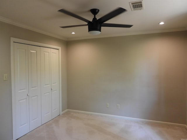 22 Talais Dr, Little Rock, AR 72223 - unfurnished bedroom featuring light carpet, visible vents, recessed lighting, a closet, and crown molding