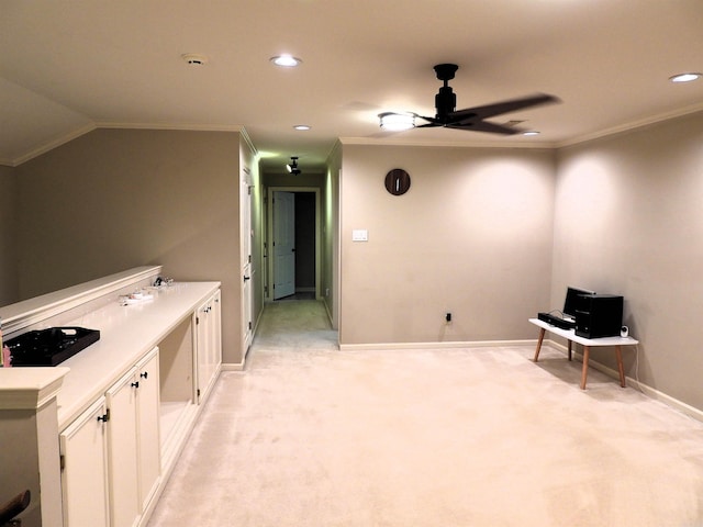 22 Talais Dr, Little Rock, AR 72223 - interior space featuring baseboards, ornamental molding, a ceiling fan, and light carpet