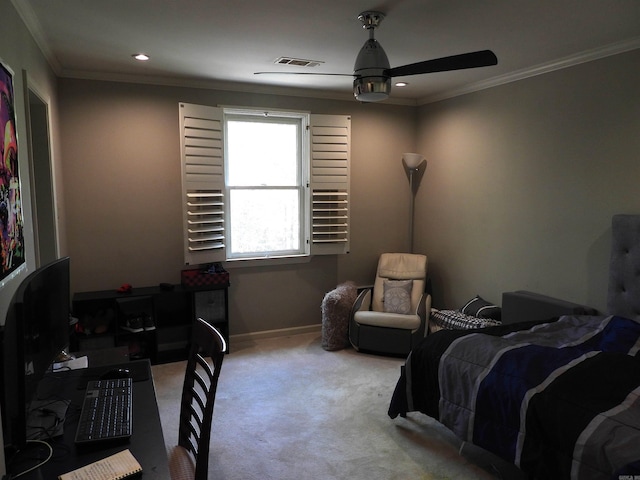 22 Talais Dr, Little Rock, AR 72223 - bedroom with visible vents, ornamental molding, carpet floors, baseboards, and ceiling fan