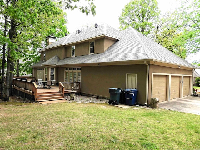 22 Talais Dr, Little Rock, AR 72223 - rear view of house featuring driveway, a lawn, a shingled roof, a deck, and stucco siding