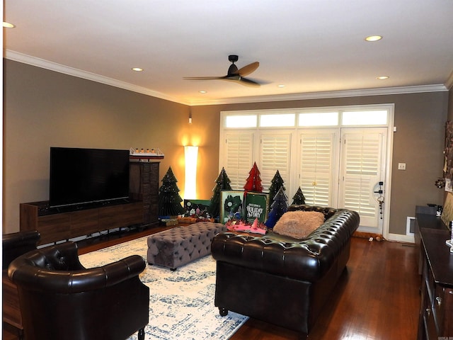 22 Talais Dr, Little Rock, AR 72223 - living area with dark wood finished floors, baseboards, recessed lighting, ceiling fan, and crown molding