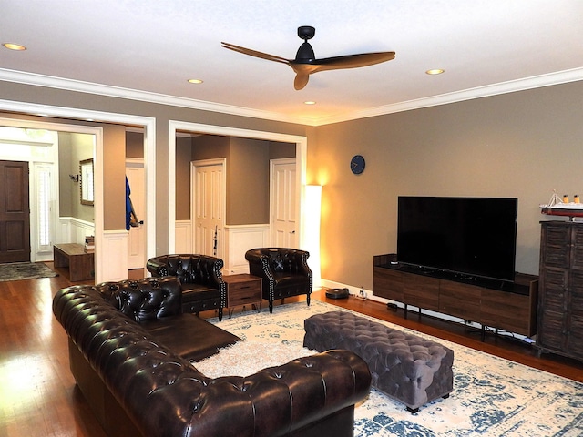 22 Talais Dr, Little Rock, AR 72223 - living area with recessed lighting, a wainscoted wall, wood finished floors, crown molding, and ceiling fan