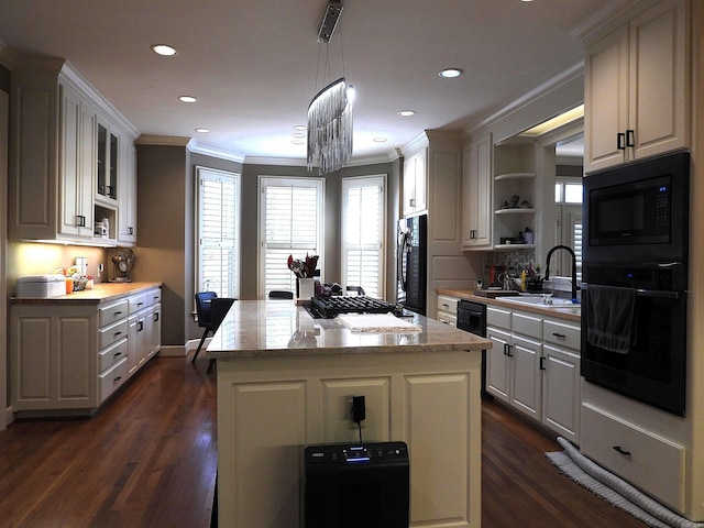 22 Talais Dr, Little Rock, AR 72223 - kitchen with crown molding, open shelves, a sink, black appliances, and dark wood-style flooring