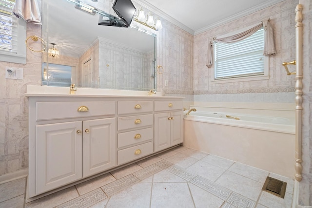 118 Grandview Dr, Hot Springs, AR 71913 - bathroom with tile patterned flooring, double vanity, visible vents, a bath, and crown molding