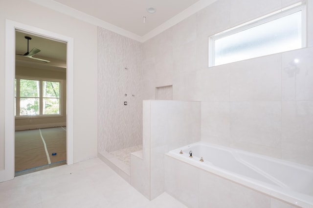 219 Abington Cir, Little Rock, AR 72223 - bathroom featuring walk in shower, a bath, a ceiling fan, and ornamental molding